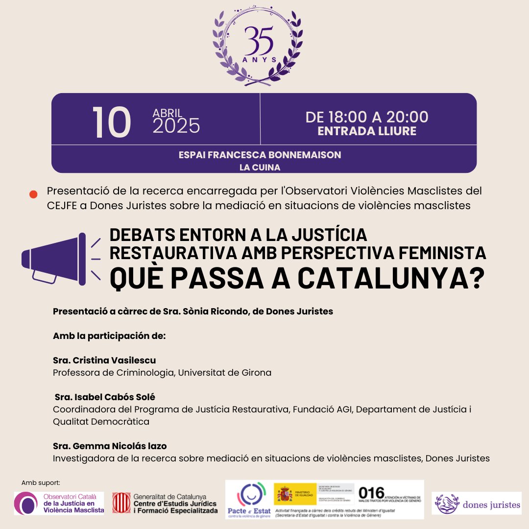 📢 Ponents confirmades per al debat sobre justícia restaurativa i violències masclistes!

Comptarem amb la Sònia Ricondo, Cristina Vasilescu, Isabel Cabós Solé i Gemma Nicolás Lazo per abordar aquesta qüestió des d’una perspectiva feminista.

💜 Comparteix i participa!
