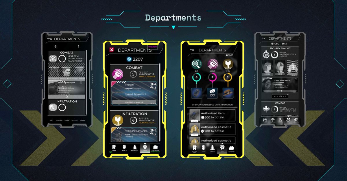 In Battue, your progression isn’t just about brute force, it’s about mastering specialized Departments.

From Combat to Infiltration, each path unlocks unique gear and perks tailored to your playstyle. Want to go loud? Level up for shotguns and grenades. Prefer to slip through