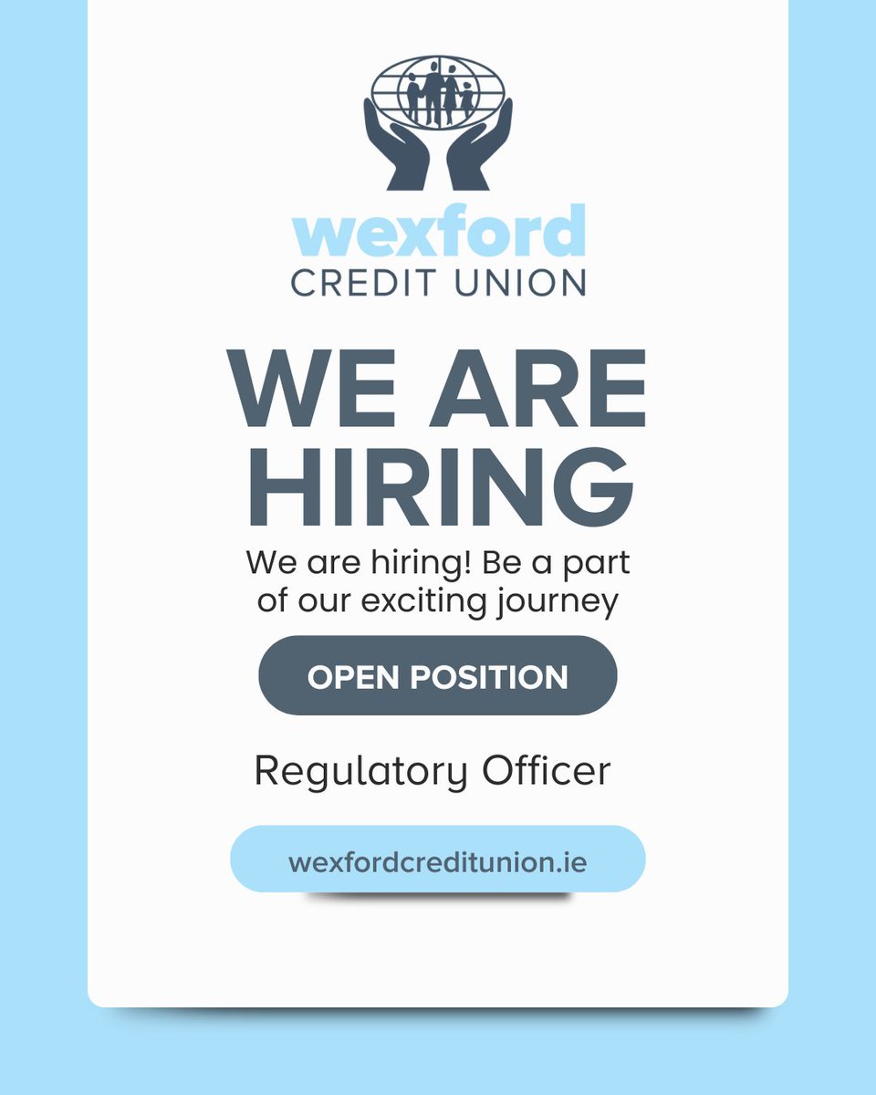 🚨 We're Hiring! 🚨Are you detail-oriented with a passion for compliance and governance? 📋✅ Wexford Credit Union is looking for a Regulatory Officer to join our team in the heart of Wexford! 🌍💙

📩 Find out more &amp; apply now: irishjobs.ie/job/Regulatory…