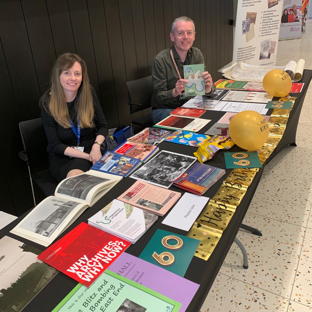 LBTHArchives's tweet image. Happy birthday to us! The London Borough of Tower Hamlets is 60 years old today! 🥳 🎊
To mark the occasion, Richard our Archives Manager and Annette one of our Archivists set up stall in @TowerHamletsNow Town Hall to display some material charting 60 eventful years and more!