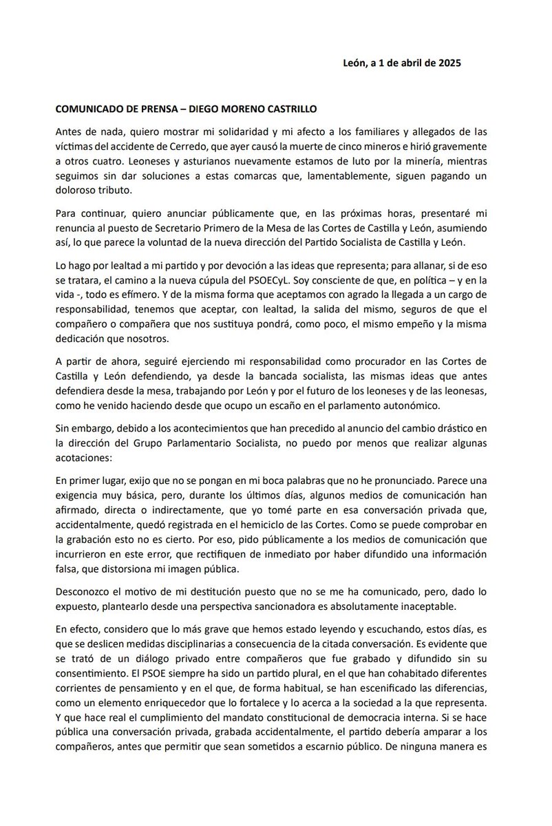 diegomorenoleon's tweet photo. Por la lealtad al partido que tanto quiero, a sus principios y a sus ideas.
Hoy presento mi renuncia como secretario primero en la mesa de las cortes de Castilla y León.
Y a continuación expongo todo lo que pienso sobre lo acaecido en estos días. https://t.co/SWhYwOmRlL