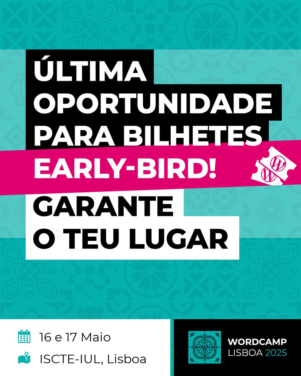 Faltam apenas 3 bilhetes Early Bird para o WordCamp Lisboa 2025! Não, isto não é uma piada de 1 de abril! 😱
Aproveita agora enquanto ainda podes garantir o teu lugar por 30€ antes que desapareçam! 
📅 16-17 Maio | 📍 Lisboa
lisboa.wordcamp.org/2025/tickets/ 
#WCLisboa