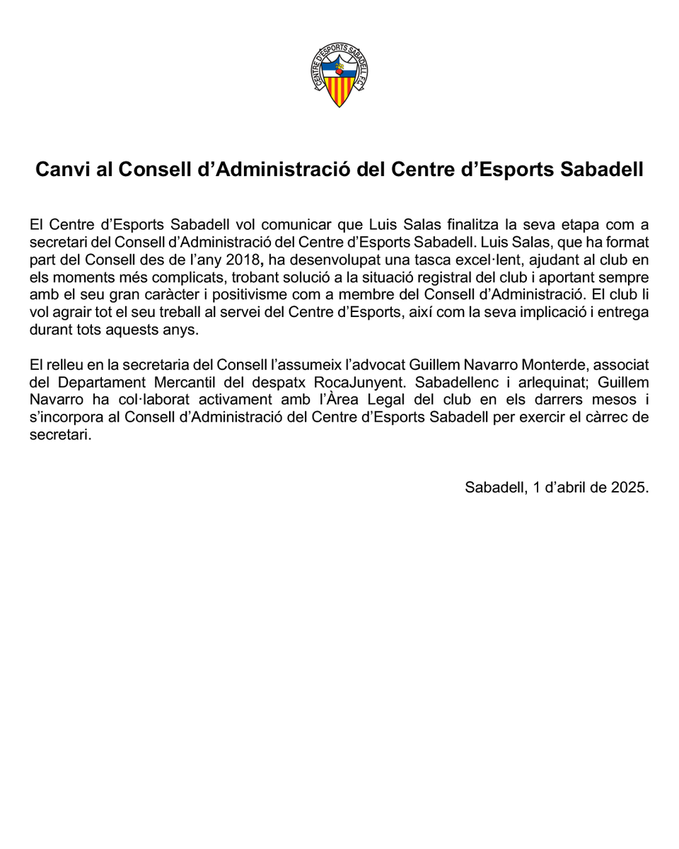 CESabadell's tweet photo. 𝐎𝐅𝐈𝐂𝐈𝐀𝐋 | Canvi al Consell d’Administració del Centre d’Esports Sabadell

Luis Salas deixa de ser el secretari del Consell d'Administració i serà substituït per Guillem Navarro Monterde

#CESabadell https://t.co/sRB2EAYd2r