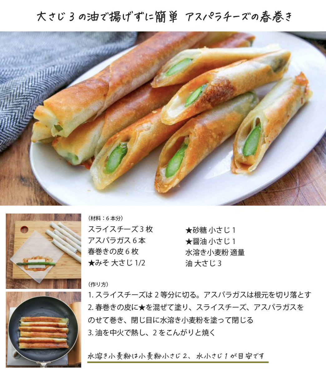 igarashi_yukari's tweet photo. この春巻きは春になると食べたくなる美味しさ。みそだれ塗ってアスパラチーズ巻くとすごく美味しい。6本あっという間に無くなります。

大さじ3の油で揚げずに簡単。 https://t.co/CaOhUyBKb5