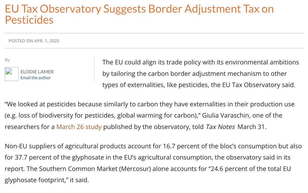 EU Tax Observatory (@taxobservatory) on Twitter photo “We looked at pesticides because similarly to carbon they have externalities in their production use (e.g. loss of biodiversity for pesticides, global warming for carbon).” 💬 <a href="/GiuliaVaraschin/">Giulia Varaschin</a>
Check out the latest article by <a href="/ElodieLamer/">Elodie Lamer</a> in <a href="/TaxNotes/">Tax Notes</a>! 👇
taxnotes.com/tax-notes-toda… “We looked at pesticides because similarly to carbon they have externalities in their production use (e.g. loss of biodiversity for pesticides, global warming for carbon).” 💬 <a href="/GiuliaVaraschin/">Giulia Varaschin</a>
Check out the latest article by <a href="/ElodieLamer/">Elodie Lamer</a> in <a href="/TaxNotes/">Tax Notes</a>! 👇
taxnotes.com/tax-notes-toda…