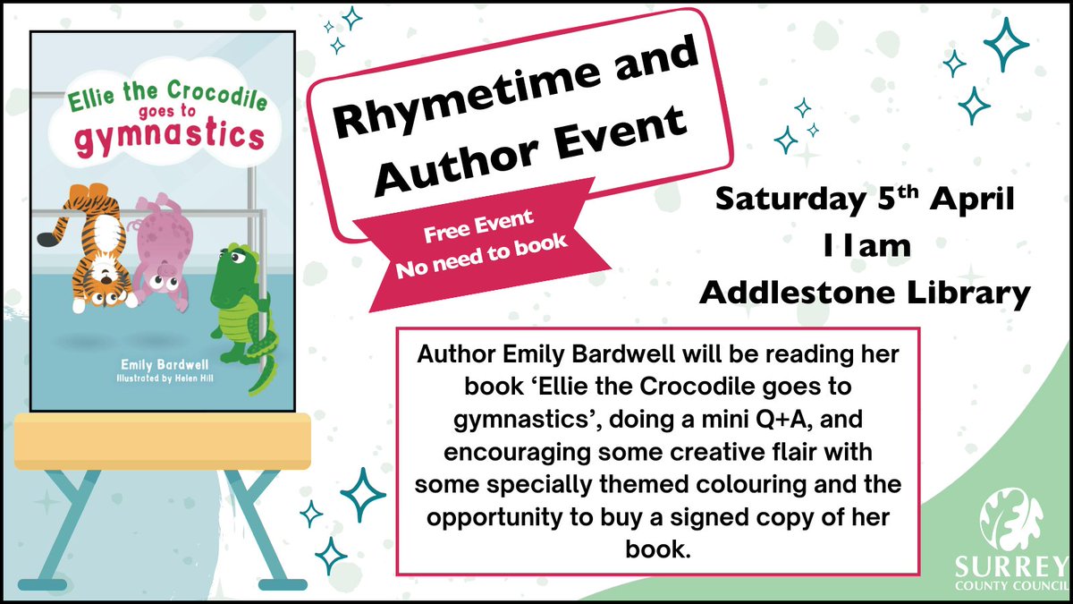 AddlestoneLib's tweet image. Join us on Saturday for an extra special Rhymetime with special guest: author, Emily Bardwell who will be reading her Children's book 'Ellie the Crocodile goes to gymnastics', and doing a Q+A about it.