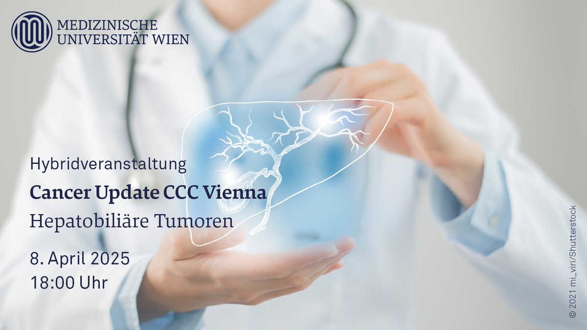 MedUni Wien (@meduni_wien) on Twitter photo ❌ 8. April 2025 ➜ Hepatobiliäre Tumoren
Jetzt anmelden für das nächste #Cancer Update des <a href="/CCCVienna/">Comprehensive Cancer Center Vienna (CCC)</a> und einen Überblick über Therapieoptionen, #Leberchirurgie und die Rolle der interventionellen #Radiologie des hepatozellulären Karzinoms erhalten. ➡ bit.ly/4bAPQib ❌ 8. April 2025 ➜ Hepatobiliäre Tumoren
Jetzt anmelden für das nächste #Cancer Update des <a href="/CCCVienna/">Comprehensive Cancer Center Vienna (CCC)</a> und einen Überblick über Therapieoptionen, #Leberchirurgie und die Rolle der interventionellen #Radiologie des hepatozellulären Karzinoms erhalten. ➡ bit.ly/4bAPQib