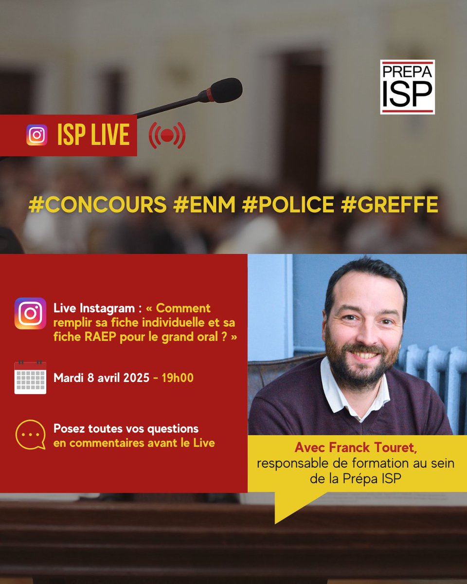 PrepaIsp's tweet photo. #INSTALIVE « Comment remplir sa fiche individuelle et sa fiche RAEP pour le grand oral ? » 

🗓️Mardi 8 avril 2025 à 19h

🗣️Par Franck Touret, responsable de formation au sein de la Prépa ISP

💬Posez vos questions avant le Live
➖
#ENM #POLICE #CRFPA #Greffes #justice #droit https://t.co/Ws5NM3HXl0
