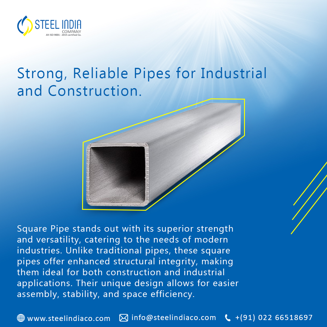 Steel_India_Co_'s tweet image. Maximize strength and flexibility with our square pipe. Engineered for durability and versatile enough for various applications, it’s the reliable solution you need for both structural integrity and long-lasting performance. #SteelIndiaco #SquarePipe   #EngineeringExcellence