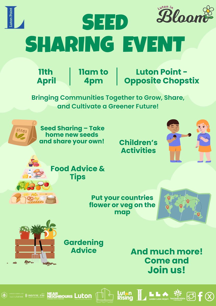 Join us for our Seed Sharing Event at <a href="/LutonPointUK/">Luton Point Official</a>🌻  

📅 Friday, 11th April | ⏰From 11 AM  

Swap seeds, share ideas &amp; get expert gardening tips@

🎨 Free face painting &amp; kids' activities
🌱 Gardening advice &amp; community fun

Come meet your neighbors &amp; help Luton bloom! 🌍💚