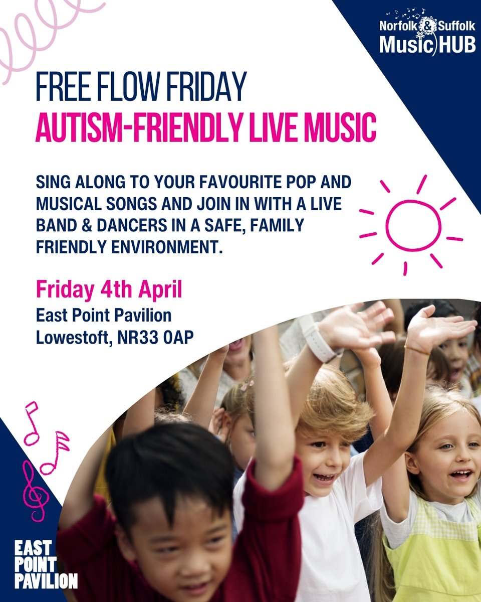 Norfolk & Suffolk Music Hub (@nmhub) on Twitter photo ⭐️ This Friday 6.30pm ⭐️ Families with young people aged 5-25 can join us for our FREE, autism-friendly event at East Point Pavilion, Lowestoft! Dance & sing along to our live band in a safe space 💃🏻
🔗 buff.ly/0IqM28m
In partnership with <a href="/FirstLight_Fest/">First Light Festival</a> & @norfolkCC ⭐️ This Friday 6.30pm ⭐️ Families with young people aged 5-25 can join us for our FREE, autism-friendly event at East Point Pavilion, Lowestoft! Dance & sing along to our live band in a safe space 💃🏻
🔗 buff.ly/0IqM28m
In partnership with <a href="/FirstLight_Fest/">First Light Festival</a> & @norfolkCC