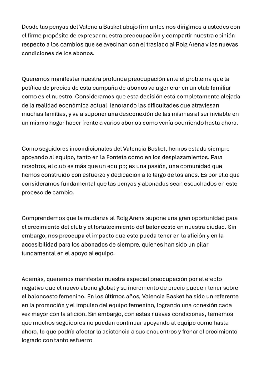 RacoTaronja's tweet photo. 🚨 El COMUNICADO de las PENYAS de @valenciabasket por los abonos del Roig Arena.

🎯 Puntos clave:
- PREOCUPACIÓN por una decisión alejada de la realidad económica actual.
- Especial riesgo desconexión en familias de abonados.
- Impacto en el equipo femenino. https://t.co/0i5cFY5YMx