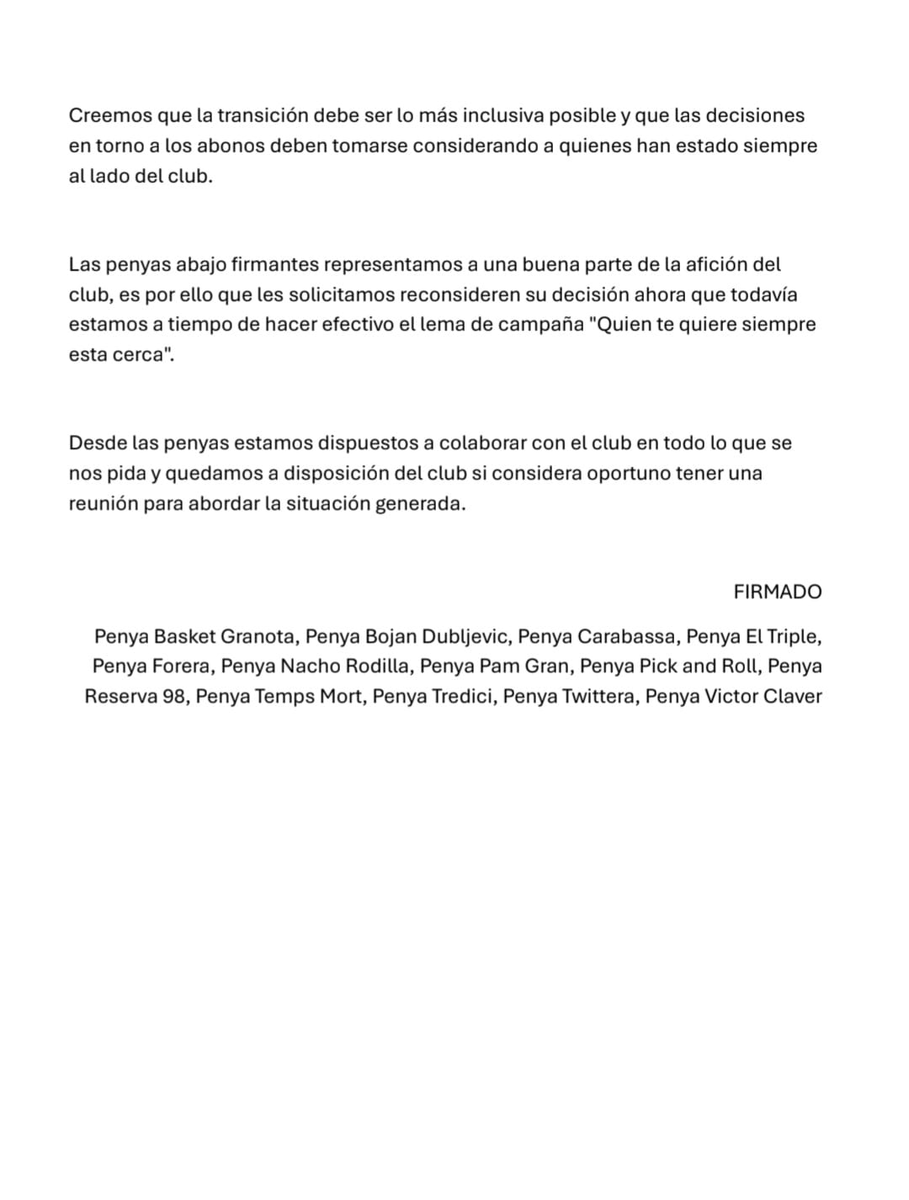 RacoTaronja's tweet photo. 🚨 El COMUNICADO de las PENYAS de @valenciabasket por los abonos del Roig Arena.

🎯 Puntos clave:
- PREOCUPACIÓN por una decisión alejada de la realidad económica actual.
- Especial riesgo desconexión en familias de abonados.
- Impacto en el equipo femenino. https://t.co/0i5cFY5YMx