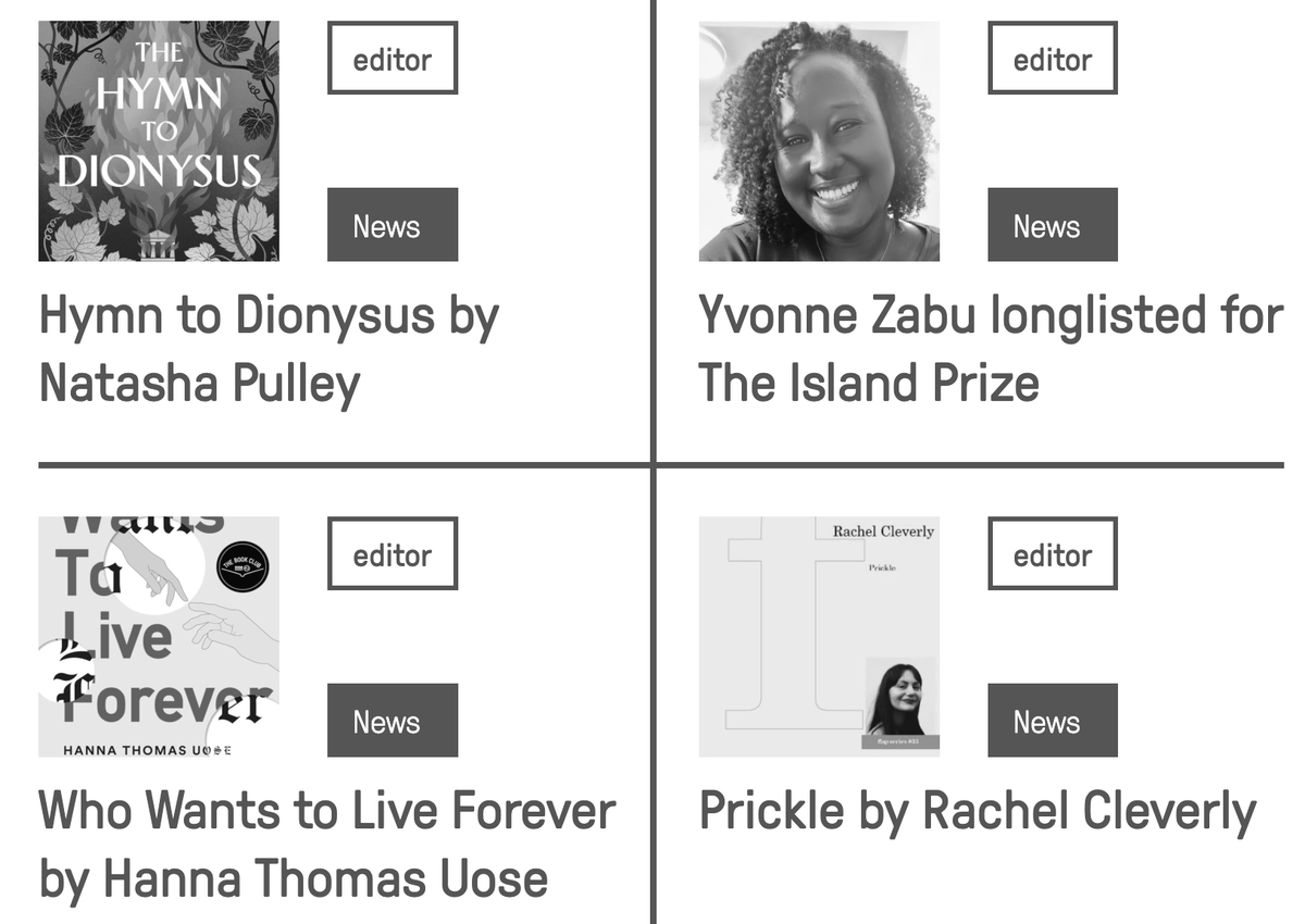 NewWritingNet's tweet photo. More UEA #CreativeWriting news!
https://t.co/qWhoP8E7UN

Hymn to Dionysus by Natasha Pulley (@natasha_pulley)

Yvonne Zabu (@munyakitara) longlisted for The Island Prize

Who Wants to Live Forever by Hanna Thomas Uose (@hannathomas)

Prickle by Rachel Cleverly (@rachel_cleverly) https://t.co/JU6OWAMB9B