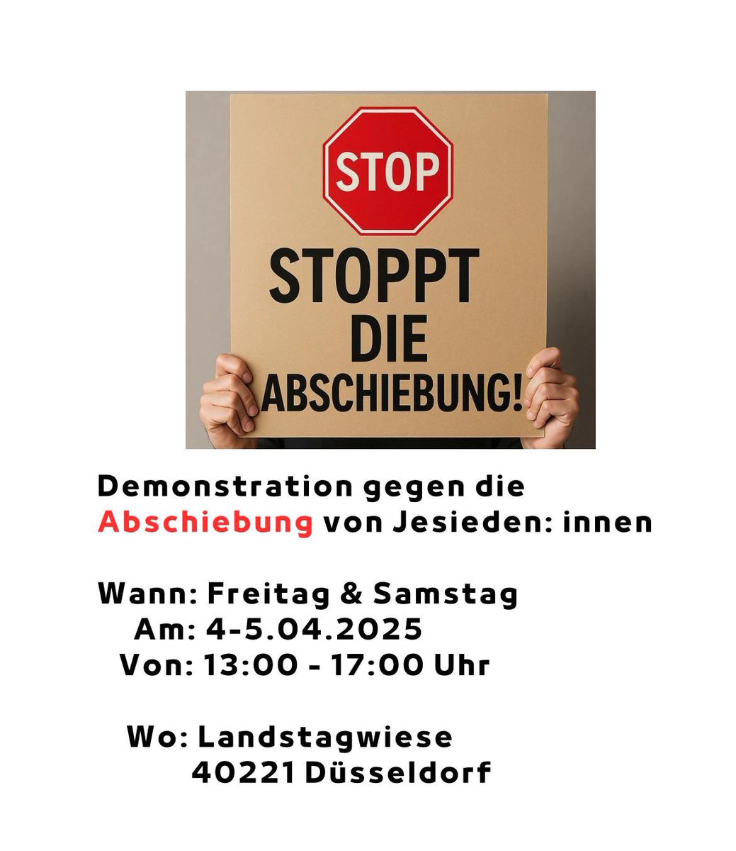 ezideu2014's tweet photo. Public Invitation to Participate in a Protest Against the Deportation of Yazidis
Event Details:
📍 Location: In front of the North Rhine-Westphalia State Parliament (Landtagwiese, 40221 Düsseldorf)
📅 Date: Friday &amp; Saturday, April 4–5, 2025
⏰ Time: 1:00 PM – 5:00 PM https://t.co/KNAF1fE8O2