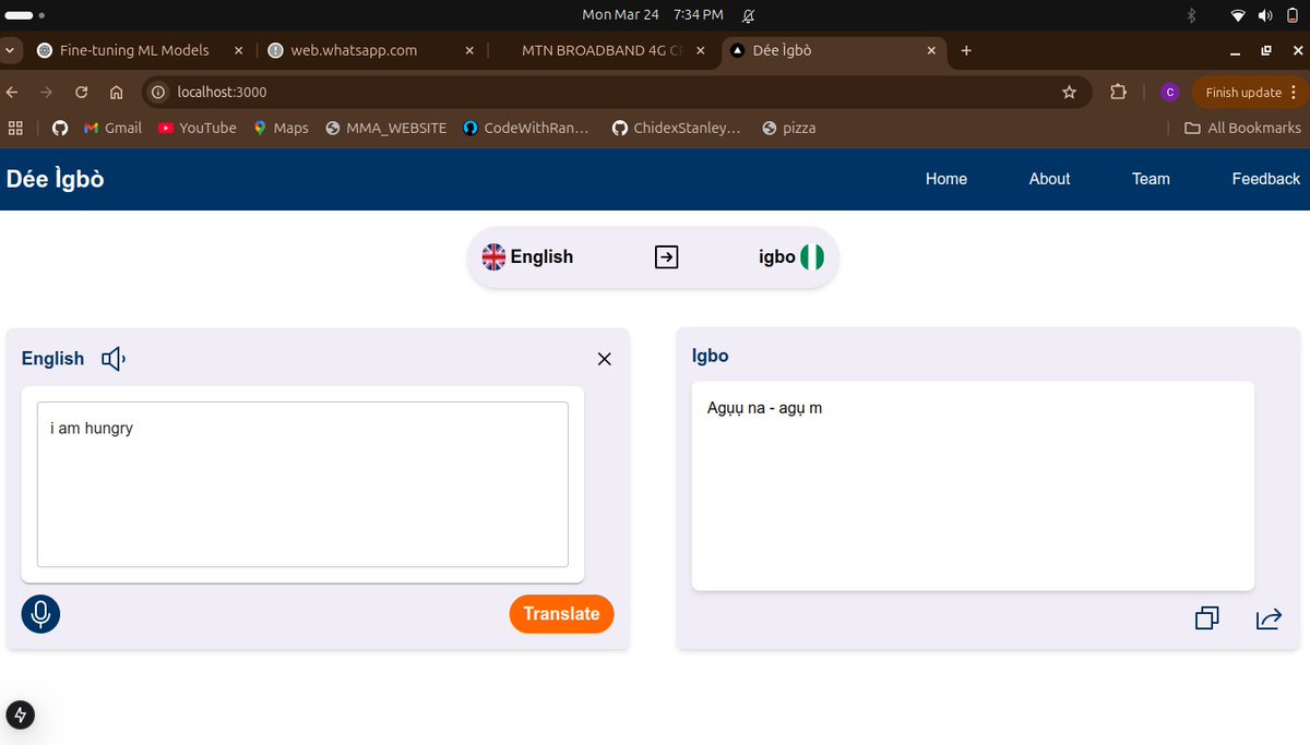 I built DeeIgbo! 🌍✨ Effortlessly translate English ➡️ Igbo with TTS &amp; STT. Powered by Next.js &amp; Express.js. 🚀 Try it out: deeigbo.vercel.app

Frontend: github.com/ChidexWorld/de…
Backend: github.com/ChidexWorld/de…

#AI #NLP #Igbo #Translation #TTS #STT #DeeIgbo #chidexWorld