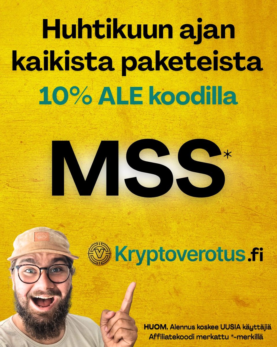 mihinsaastais's tweet photo. *Sis. affiliatekoodin* | Kryptoverot helposti! 👏

Huhtikuussa pitäis veroilmoitukset viimeistään korjailla ja kryptojen kanssa ne laskutoimitukset voi välillä olla vaikeita. Onneks siihen on avuksi palveluita! 

Suomalaisen @kryptoverotus palvelun avulla kryptojen veroilmoitukset hoitaa helposti ja apua saa tarvittaessa myös suomeksi 😎

Ja koko huhtikuun ajan uusille asiakkaille on tarjolla 10% alennusta kaikista paketeista mun koodilla MSS ✅️

Nyt hopihopi ilmoituksia korjaamaan!
 
(Linkki palveluun biossa)