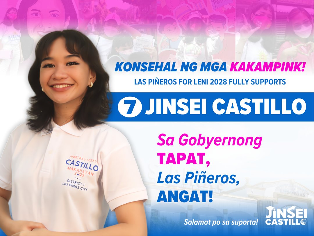 tysm Las Piñeros for Leni 2028! 🌷 dalhin natin sa Las Piñas ang people-centered service, transparency, accountability, at inclusive leadership! 🩷

boses ng Las Piñero, ipanalo sa Konseho! taumbayan naman! ✊

#7JinseiCastillo

(skl: campaigner din ako ni VP Leni last 2022 elex)