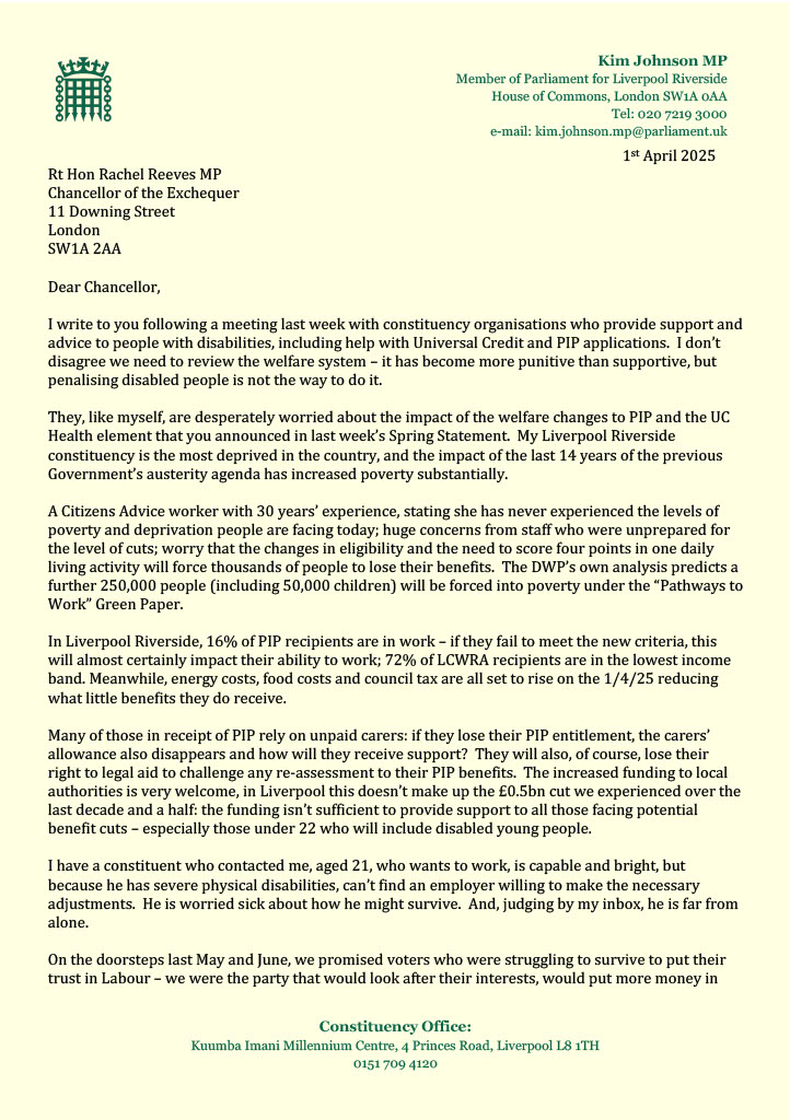 KimJohnsonMP's tweet image. I have written to the Chancellor urging her to rethink devastating welfare changes that will hit the most vulnerable the hardest.

Cutting lifeline support like PIP &amp;amp; UC means more poverty, more hardship, and more broken promises. We must do better than this.

#WelfareNotWarfare