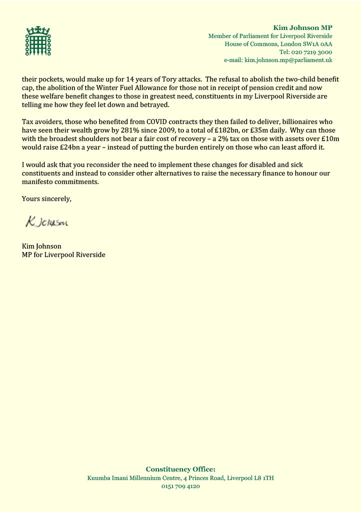 KimJohnsonMP's tweet image. I have written to the Chancellor urging her to rethink devastating welfare changes that will hit the most vulnerable the hardest.

Cutting lifeline support like PIP &amp;amp; UC means more poverty, more hardship, and more broken promises. We must do better than this.

#WelfareNotWarfare