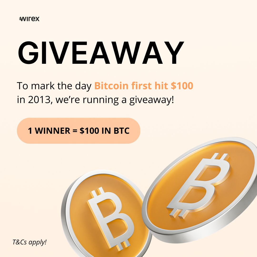 GIVEAWAY TIME! 🎉

On this day in 2013, #Bitcoin hit $100 for the 1st time. To mark the moment, we’re doing a #giveaway! 🧡

Here’s how to enter:

🔸 Follow us <a href="/wirexapp/">Wirex</a>
🔸 Like &amp; RT this post
🔸 Tag 2 friends in the comments

1 winner will win $100 in $BTC. Go! ⏳
