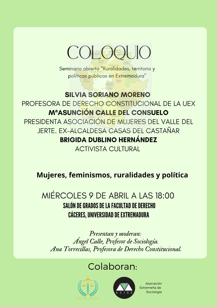 Facultad de Derecho UEX (@uexderecho) on Twitter photo Coloquio: Mujeres, feminismos, ruralidades y política.
Salón de Grados "María Telo" de nuestra Facultad.
Miércoles, 9 de abril, a las 18:00.
Organizan: profs. Ángel Calle y <a href="/AnaTMGB/">Ana Torrecillas</a>. Coloquio: Mujeres, feminismos, ruralidades y política.
Salón de Grados "María Telo" de nuestra Facultad.
Miércoles, 9 de abril, a las 18:00.
Organizan: profs. Ángel Calle y <a href="/AnaTMGB/">Ana Torrecillas</a>.