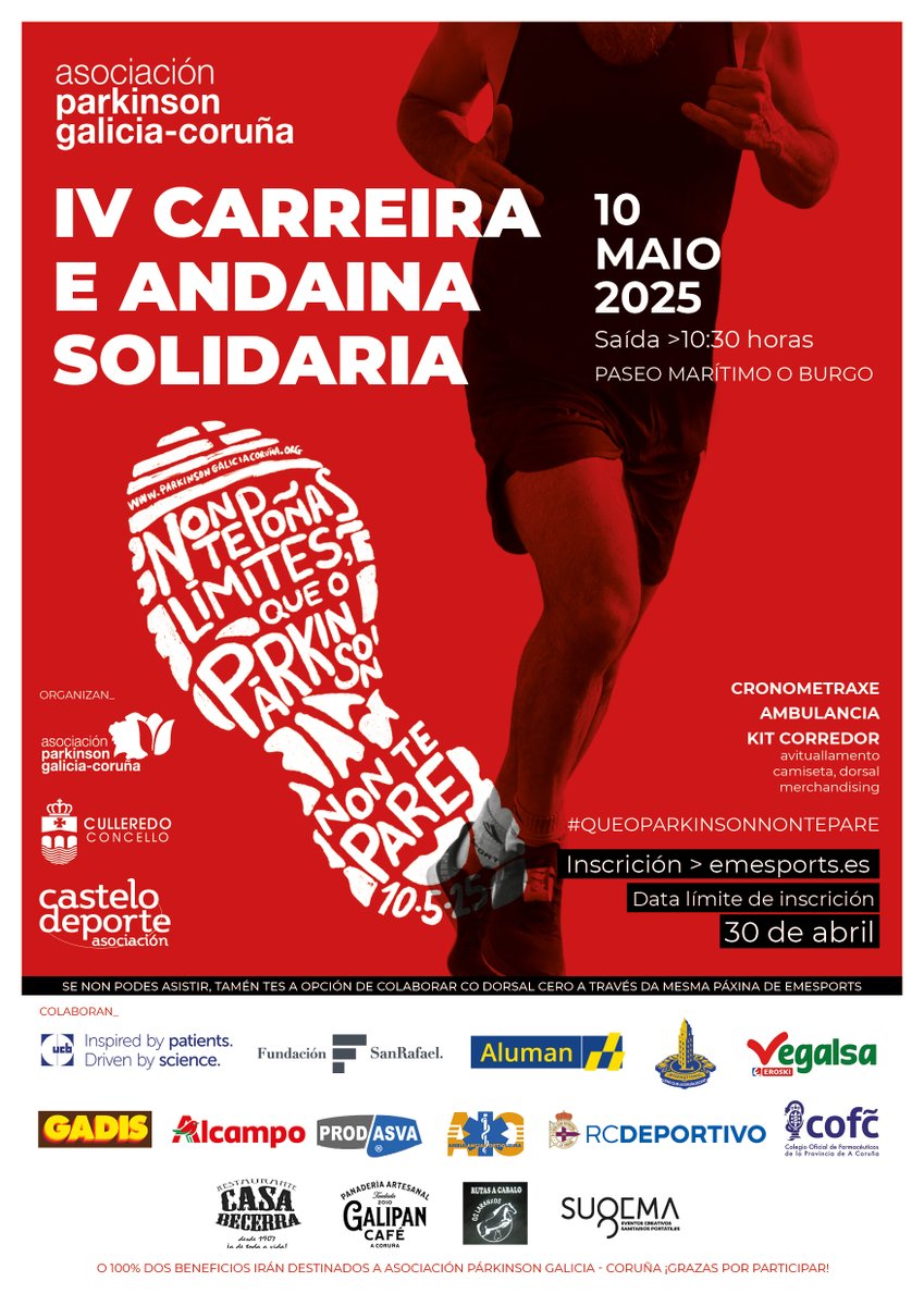 Párkinson Galicia-Coruña (@asopar) on Twitter photo 🏃El sábado 10 de mayo tendrá lugar la IV Carrera y Andaina Solidaria por el Párkinson en el Paseo Marítimo del Burgo gracias al <a href="/ConcCulleredo/">Concello Culleredo</a> y con la colaboración de @CasteloDeporte.
¿Te animas a correr o andar por el párkinson? ¡Inscríbete! 👉🔗cutt.ly/yraG1VnP 🏃El sábado 10 de mayo tendrá lugar la IV Carrera y Andaina Solidaria por el Párkinson en el Paseo Marítimo del Burgo gracias al <a href="/ConcCulleredo/">Concello Culleredo</a> y con la colaboración de @CasteloDeporte.
¿Te animas a correr o andar por el párkinson? ¡Inscríbete! 👉🔗cutt.ly/yraG1VnP
