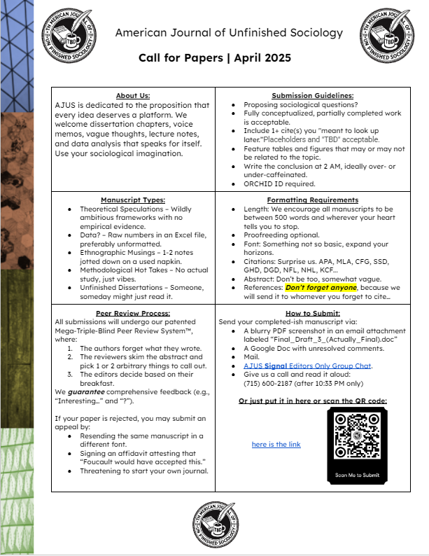 The Society Pages (@thesocietypages) on Twitter photo The American Journal of Unfinished Sociology (AJUS), the flagship journal of <a href="/TheSocietyPages/">The Society Pages</a>, is now accepting proposals for our Spring 2025 Edition. Please submit and share with your networks today!
🔗thesocietypages.org/ajus/🔗 The American Journal of Unfinished Sociology (AJUS), the flagship journal of <a href="/TheSocietyPages/">The Society Pages</a>, is now accepting proposals for our Spring 2025 Edition. Please submit and share with your networks today!
🔗thesocietypages.org/ajus/🔗