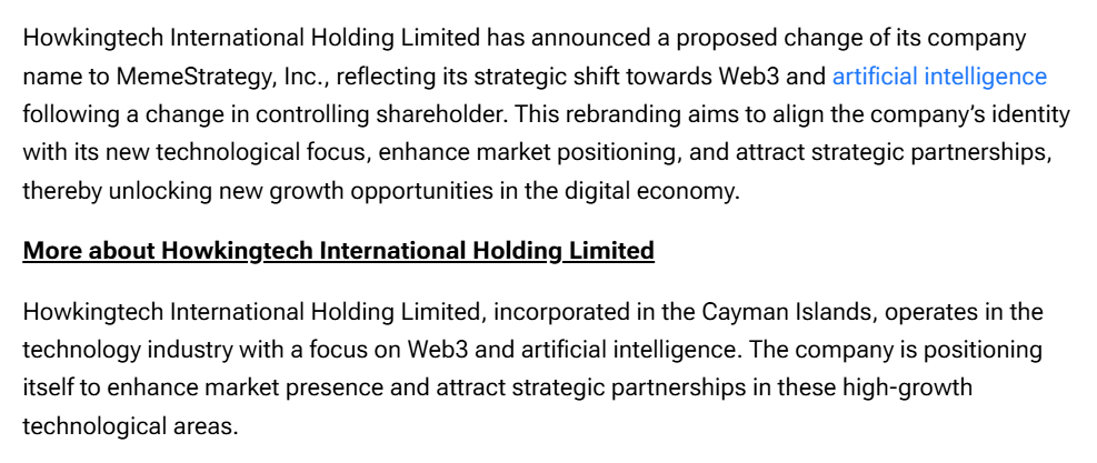 axelroode's tweet photo. Howkingtech International Holding Limited (2440) — the company that @Memeland CEO Ray Chan bought a few months ago for $18 million — just announced a name change to @MemeStrategy, Inc., with a strong new focus on Web3 and AI. https://t.co/wE4jS3ifiD