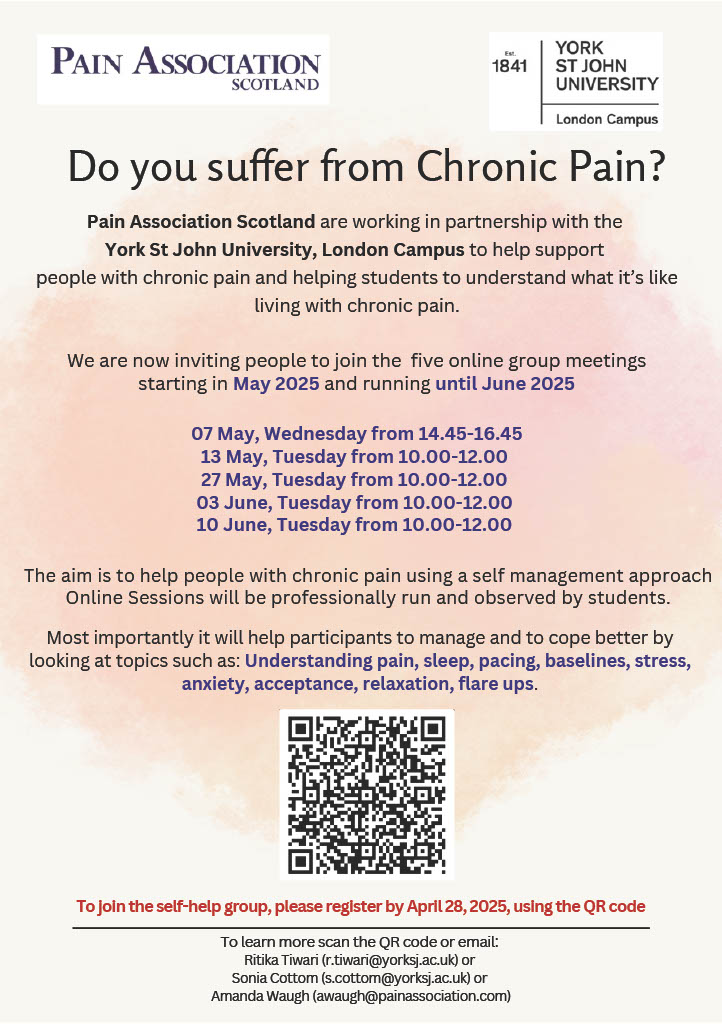 Pain Association (@painassocscot) on Twitter photo We are working in partnership with <a href="/YorkStJohn/">York St John University</a> help support people with chronic pain.
More information about the 5 online sessions are below.⬇️
To sign up to the sessions 🎟️ bit.ly/4kwsuiv We are working in partnership with <a href="/YorkStJohn/">York St John University</a> help support people with chronic pain.
More information about the 5 online sessions are below.⬇️
To sign up to the sessions 🎟️ bit.ly/4kwsuiv
