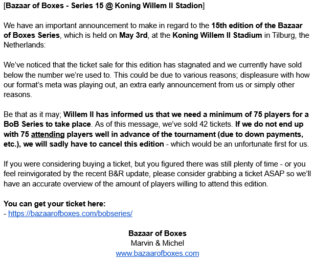 BazaarOfBoxes's tweet photo. We have an important announcement to make in regard to the 15th edition of the Bazaar of Boxes Series, which is held on May 3rd, at the Koning Willem II Stadium in Tilburg, the Netherlands: https://t.co/gNnN3IhZBJ