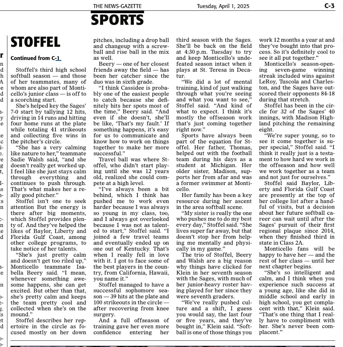 Sages Athletics (@sagesathletics) on Twitter photo Check out todayβs News-Gazette for a feature on <a href="/StoffelCassidee/">Cassidee Stoffel</a> and the <a href="/sages_softball/">Monticello Sages Softball</a> team! The Sages (7-0) hit the road to St. Teresa today before kicking off <a href="/IlliniPrairie/">Illini Prairie Conference</a> play Thursday at PC. Donβt miss this talented squad in actionβtheyβre fun to watch! #GoSages Check out todayβs News-Gazette for a feature on <a href="/StoffelCassidee/">Cassidee Stoffel</a> and the <a href="/sages_softball/">Monticello Sages Softball</a> team! The Sages (7-0) hit the road to St. Teresa today before kicking off <a href="/IlliniPrairie/">Illini Prairie Conference</a> play Thursday at PC. Donβt miss this talented squad in actionβtheyβre fun to watch! #GoSages