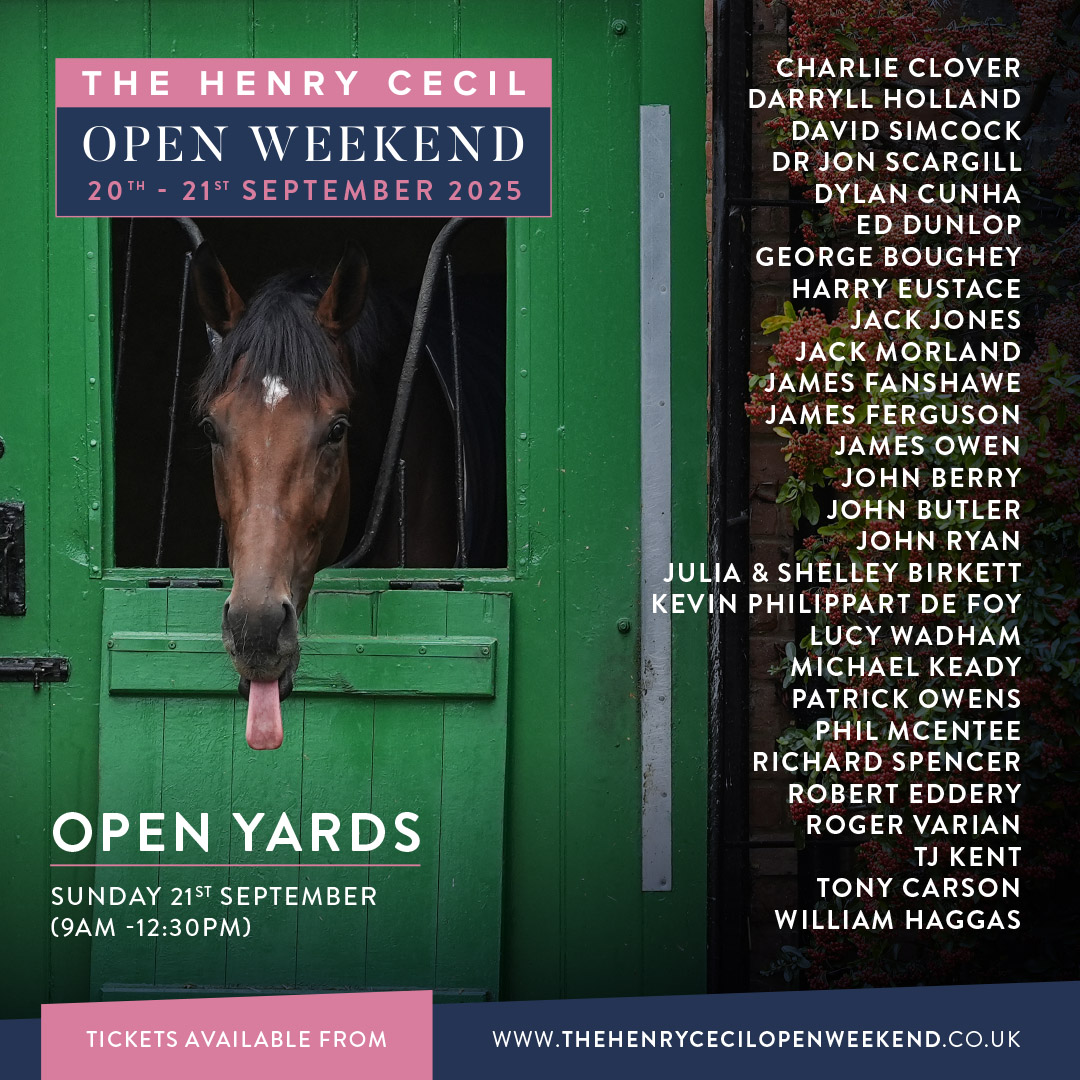 Henry Cecil Open Weekend (@henrycecilwknd) on Twitter photo π£ Your 2025 Henry Cecil Open Weekend trainers are...
A record 2β£8β£ trainers will open their yards on Sunday 21st September, 9am-12:30pm.
All money raised this year will support The Newmarket Housing Trust and <a href="/Racingwelfare/">Racing Welfare</a> π
π« Tickets on sale next week! π£ Your 2025 Henry Cecil Open Weekend trainers are...
A record 2β£8β£ trainers will open their yards on Sunday 21st September, 9am-12:30pm.
All money raised this year will support The Newmarket Housing Trust and <a href="/Racingwelfare/">Racing Welfare</a> π
π« Tickets on sale next week!