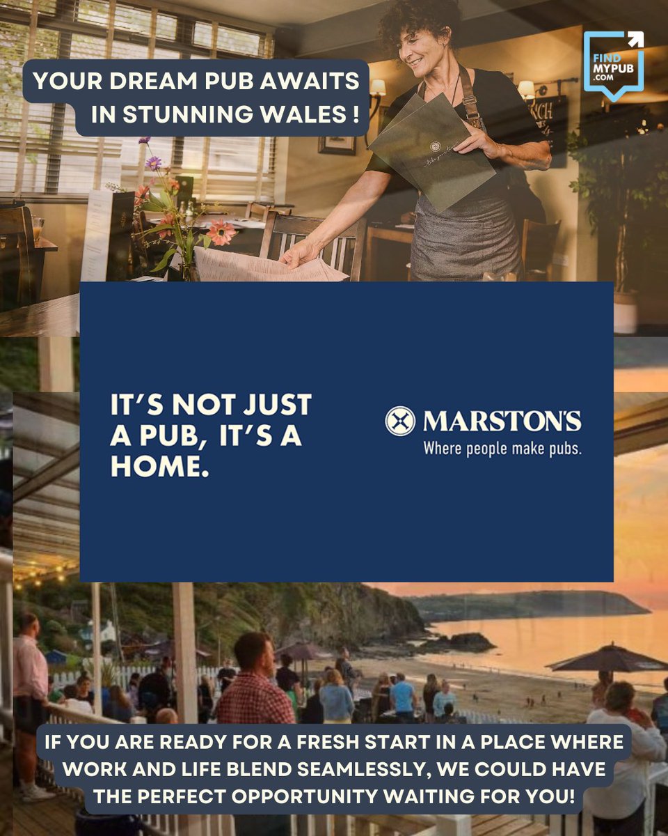 🍻Marston’s has over 160 pubs across Wales, and know how to run a good pub!

Ready to dive into a new Welsh Adventure? 👉 findmypub.com/landing-page/y…

#runapubinwales #welshdream #southwales #northwales #midwales #worklifebalance #notjustapubitsahome #runapubwithmarstons #pubtenant