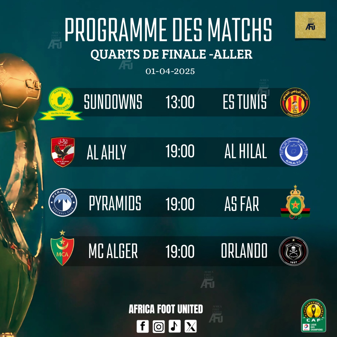 africafootutd's tweet image. #LDCCAF - Quarts de finale aller 🏆🌍 : Le programme des matchs prévus ce mardi 1er avril ⚽🔥