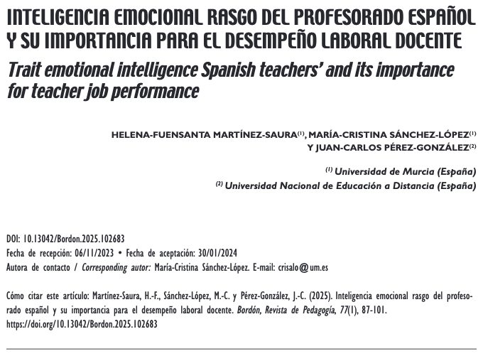 Dr Pérez-González 🦍📚❤️ (@dr_jcpg) on Twitter photo Nuestro artículo en <a href="/Bordonsep/">Bordon_SEP</a>
Las maestras de #Infantil y #Primaria con perfil de #inteligenciaemocional más alto son quienes más reconocen la importancia de su propia IE para su desempeño laboral y además sienten más alegría y menos miedo en su trabajo
recyt.fecyt.es/index.php/BORD… Nuestro artículo en <a href="/Bordonsep/">Bordon_SEP</a>
Las maestras de #Infantil y #Primaria con perfil de #inteligenciaemocional más alto son quienes más reconocen la importancia de su propia IE para su desempeño laboral y además sienten más alegría y menos miedo en su trabajo
recyt.fecyt.es/index.php/BORD…