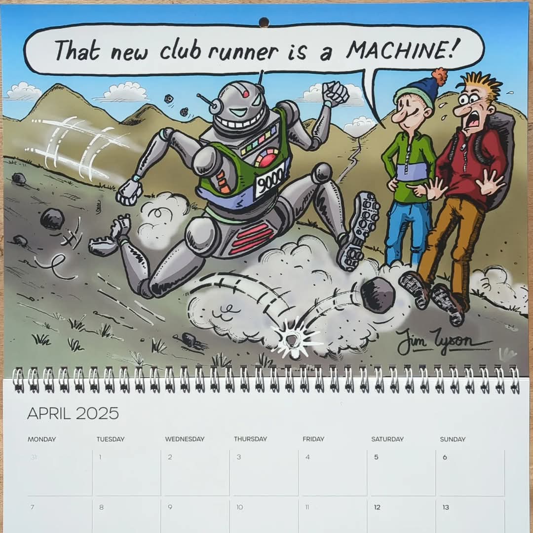 April on the Fellrunning Cartoon Calendar and Spring is in the air! Or maybe just a spring that's come loose from our 'machine runner' pictured here..? Nope, that's definitely spring sunshine out there 😎 Get outside and recharge your batteries! 🌞