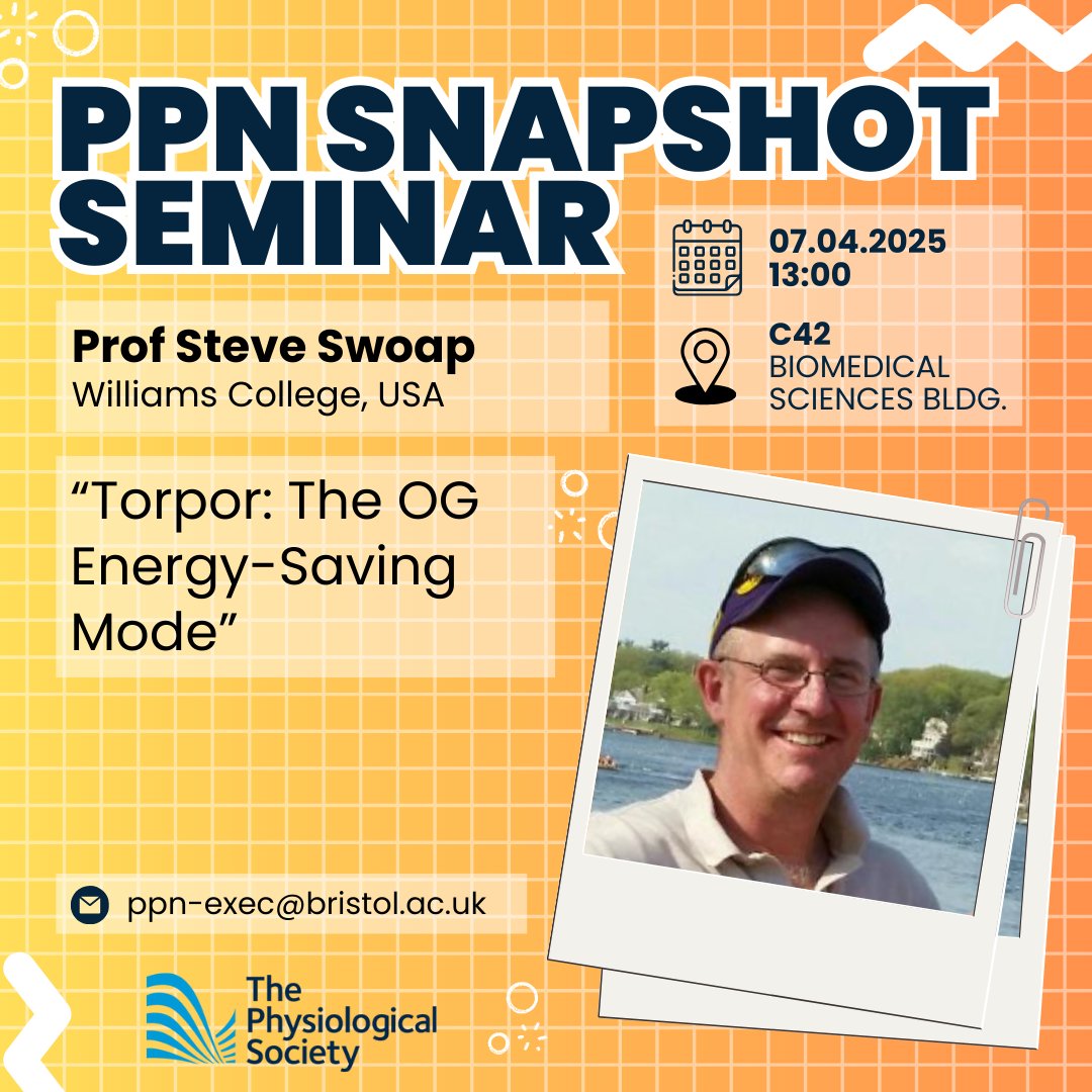 ⚠️Join us Monday 7th April at 1PM in C42 of BSB for Prof Steve Swoap's Snapshot Seminar🔎🧪🧫
<a href="/RobinCorey1/">Robin Corey @robincorey.bsky.social</a> 
Snapshot seminars are generously sponsored by The Physiological Society (<a href="/ThePhySoc/">The Physiological Society</a>)

#UoBPPN #PPNSnaps