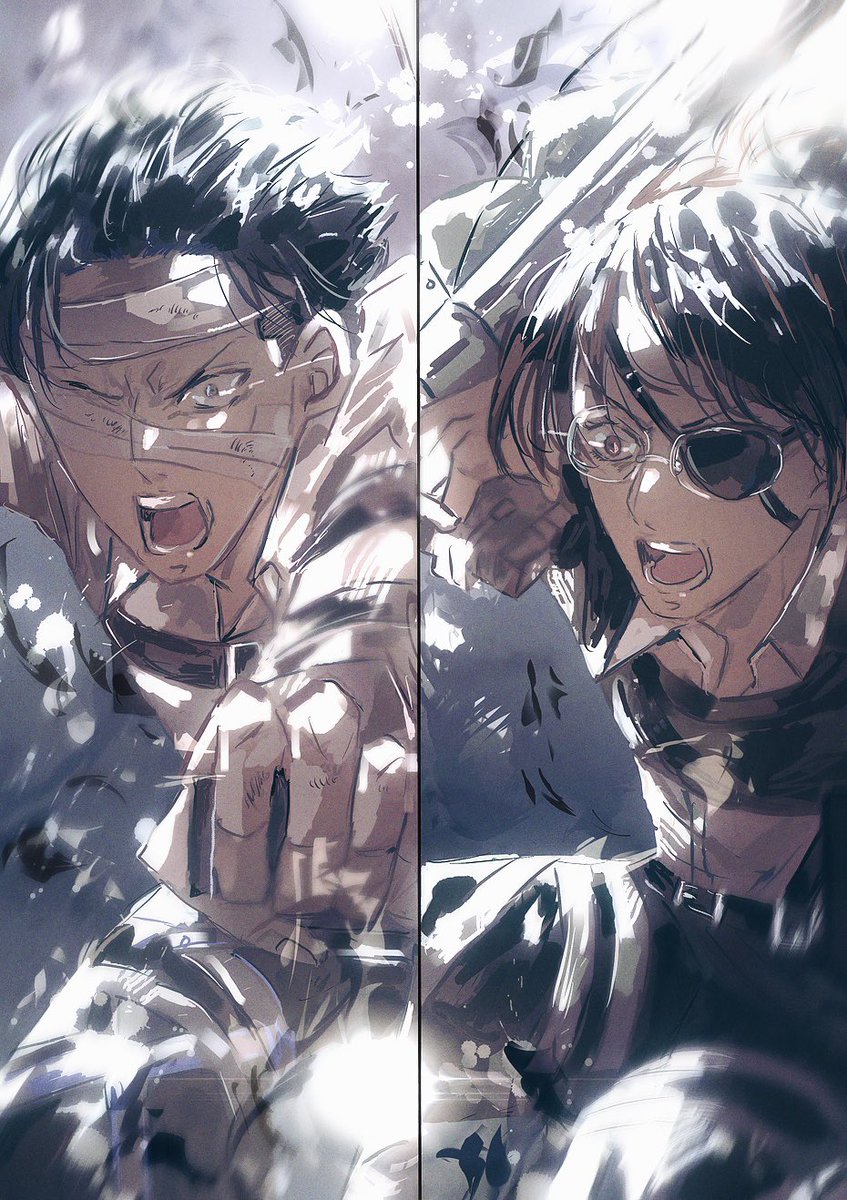 PHq3u's tweet image. リヴァイ兵長とハンジさんの渾身の雷槍が好き