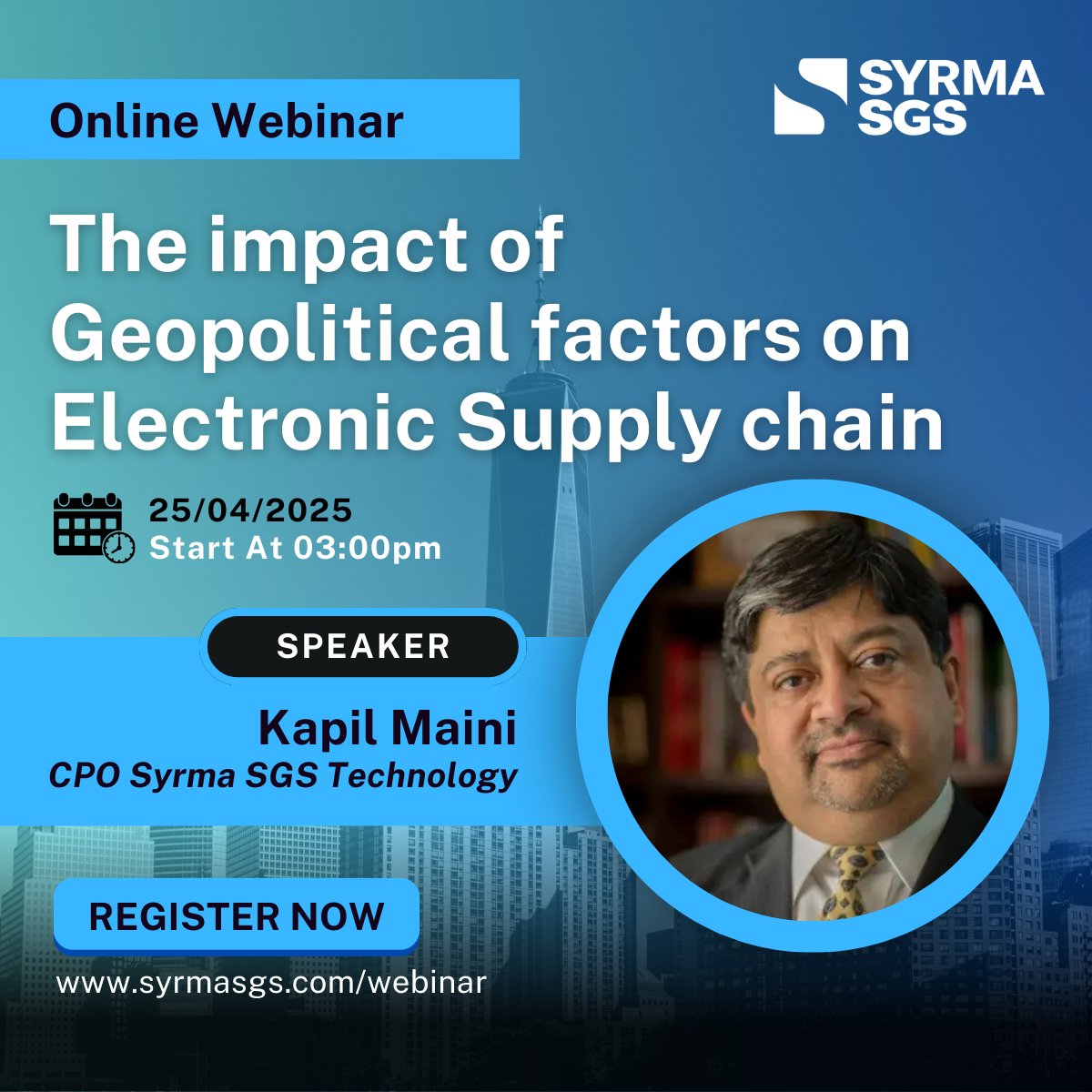 📢 Upcoming Webinar! 🌍🔗Topic: The Impact of Geopolitical Factors on the Electronic Supply Chain
📅 Date: April 25, 2025 | ⏰ 3:00 PM IST
🎙 Speaker: Kapil Maini, CPO, Syrma SGS Stay ahead with expert insights!
Register Now: events.teams.microsoft.com/event/0221523c…

#Webinar #SupplyChain
