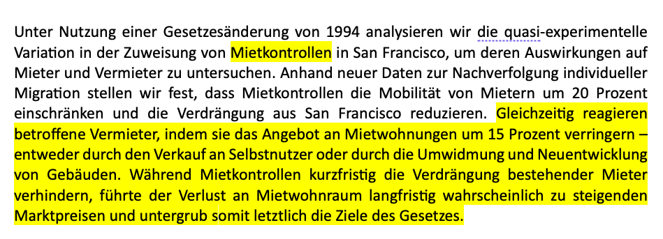 Was sagt die empirische Evidenz zu Mietkontrollen? Hier das ins Deutsche übersetzte Abstract der Studie mit dem wohl besten Forschungsdesign. Studie im Link: aeaweb.org/articles?id=10…