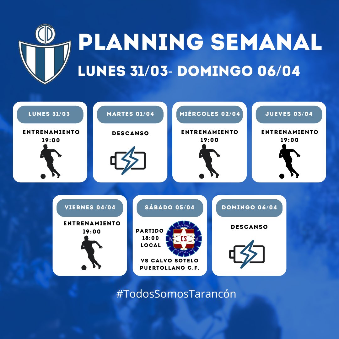 ¡Semana clave para soñar en grande!
⚽️ CD Tarancón vs Calvo Sotelo Puertollano
📍 Sábado | 18:00 | En casa

Quedan pocas jornadas y necesitamos vuestro aliento
¡Juntos, a por los playoffs!

#TodosSomosTarancón #ObjetivoPlayoff #VamosTarancón