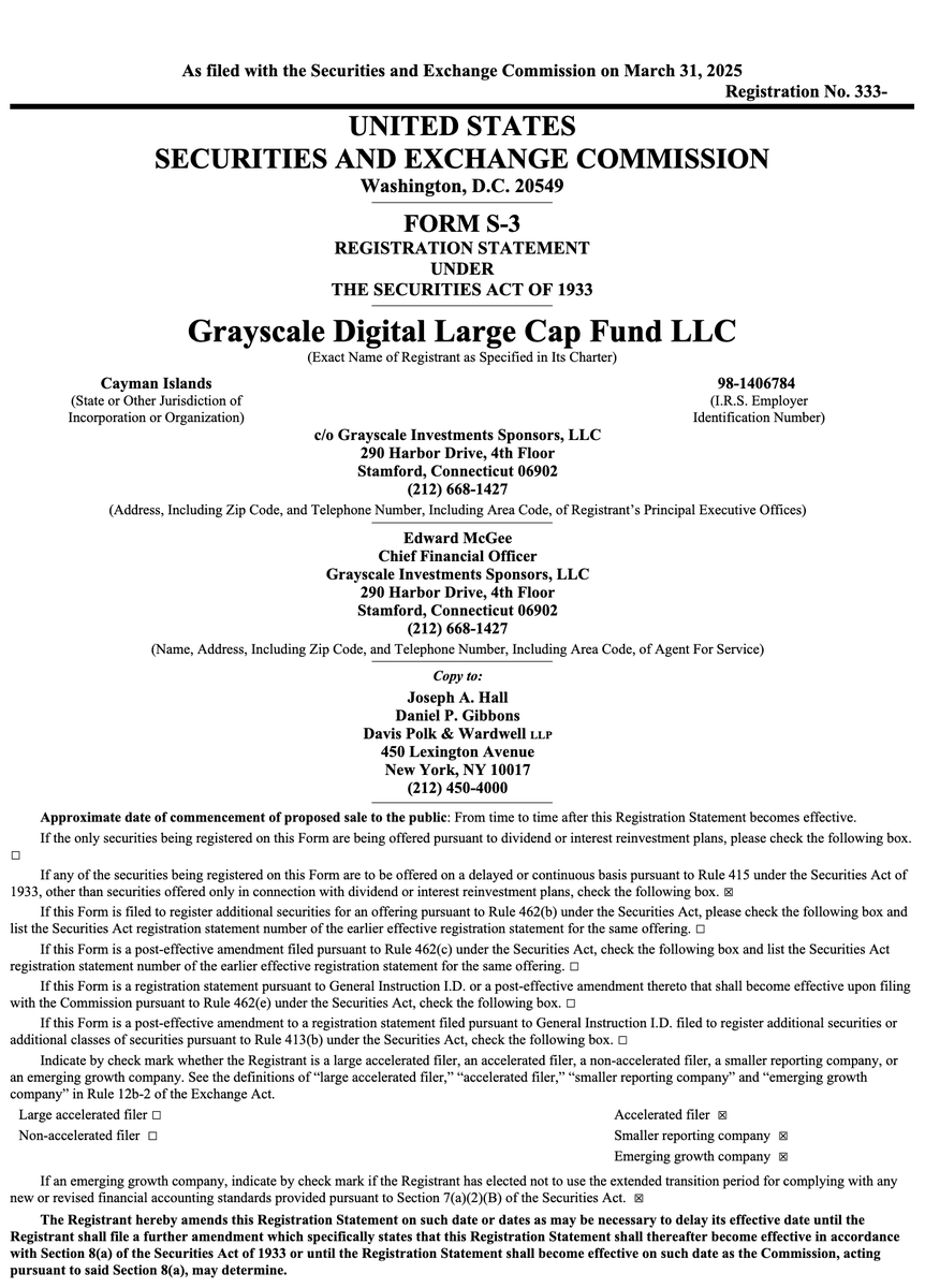 Cointelegraph's tweet photo. ⚡️ JUST IN: Grayscale files S-3 for Digital Large Cap Fund ETF. https://t.co/QpJFZHrIpl