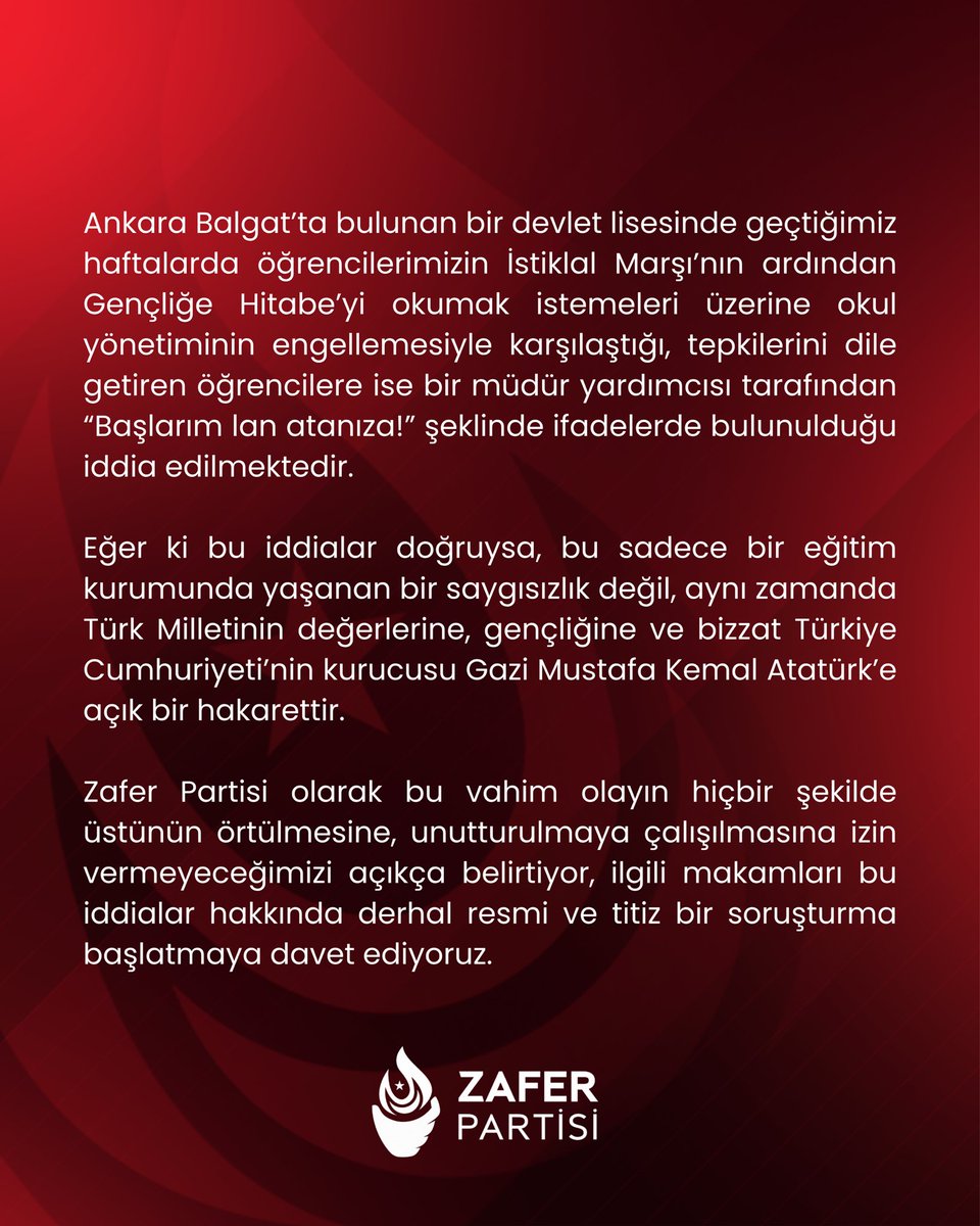 zaferpartisi's tweet photo. Gençliğe Hitabe’ye tahammül edemeyen, Türk Milletinin başöğretmeni, kurucusu ve ebedi lideri Atatürk’e hakaret eden kim varsa karşısındayız. https://t.co/gErAwII9k9