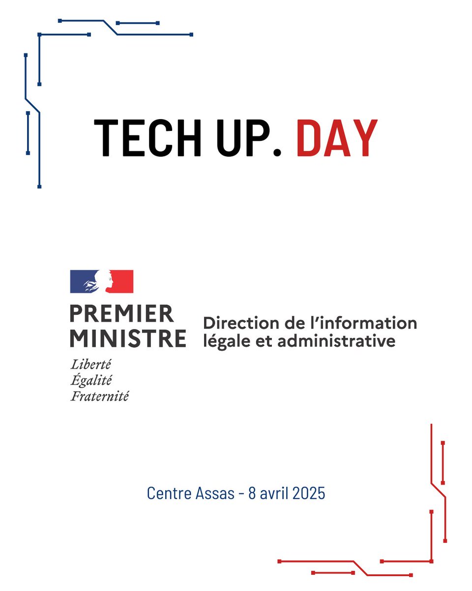 techupday's tweet image. 📢 La Direction de l'information légale et administrative (DILA) au Tech Up Day !

Au programme :

🕐14h30-15h00 | Du journal officiel à l’IA générative
🕐16h30-17h00 | La diffusion du droit sur Légifrance

📍Rendez-vous le mardi 8 avril 2025 au Centre Assas