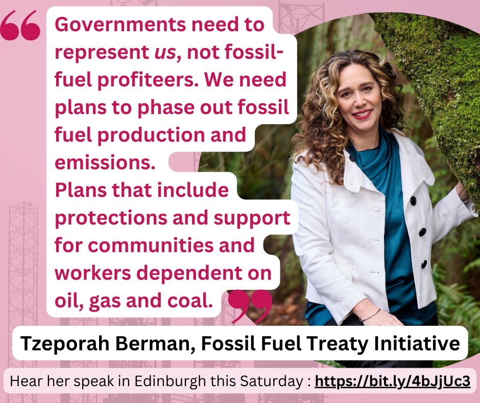globaljusticesc's tweet image. Don't forget to join us in Edinburgh this Saturday for a conversation with Fossil Fuel Treaty founder Tzeporah Berman
📍Augustine United Church EH1 1EL
📆 Saturday 5 April, doors open 2.30pm
🔖 buytickets.at/globaljusticen…
#fossilfueltreaty #endfossilfuels
