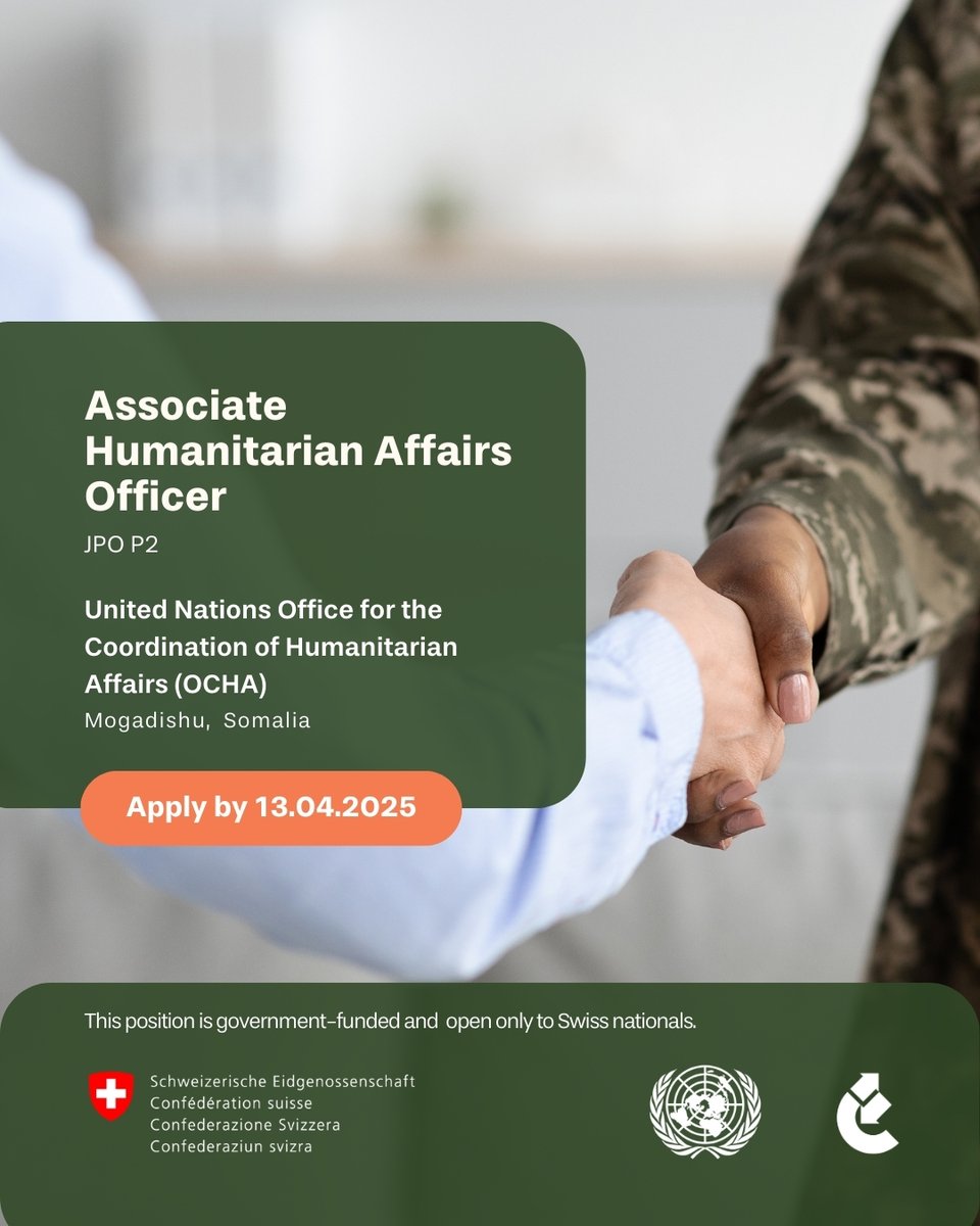 cinfo (@cinfofeeds) on Twitter photo ๐ This JPO (P2) position is still open for application:
๐น Associate Humanitarian Affairs Officer โ @unocha in ๐Mogadishu, Somalia
๐
Apply by 13 April 2025: loom.ly/DDoUgSQ
๐โโ๏ธ Need help with your application? Contact our HR advisors at recruitment@cinfo.ch. ๐ This JPO (P2) position is still open for application:
๐น Associate Humanitarian Affairs Officer โ @unocha in ๐Mogadishu, Somalia
๐
Apply by 13 April 2025: loom.ly/DDoUgSQ
๐โโ๏ธ Need help with your application? Contact our HR advisors at recruitment@cinfo.ch.