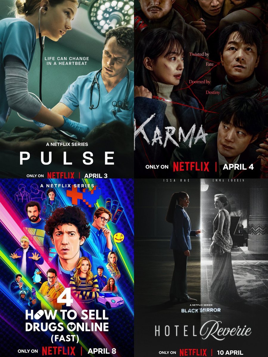 milyunaseries's tweet image. 1) Series estreno @NetflixES en Abril 2025:

03/04
#Pulso
#DevilMayCry
#JurassicWorld: #ChaosTheory T3

04/04
#Karma

08/04
#CómoVenderDrogasOnline T4

10/04
#BlackMirror T7
#RebeliónLunar
#AlNorteDelNorte

11/04
#ElJardinero

12/04
#ResidentPlaybook

15/04
#LaCúpulaDeCristal