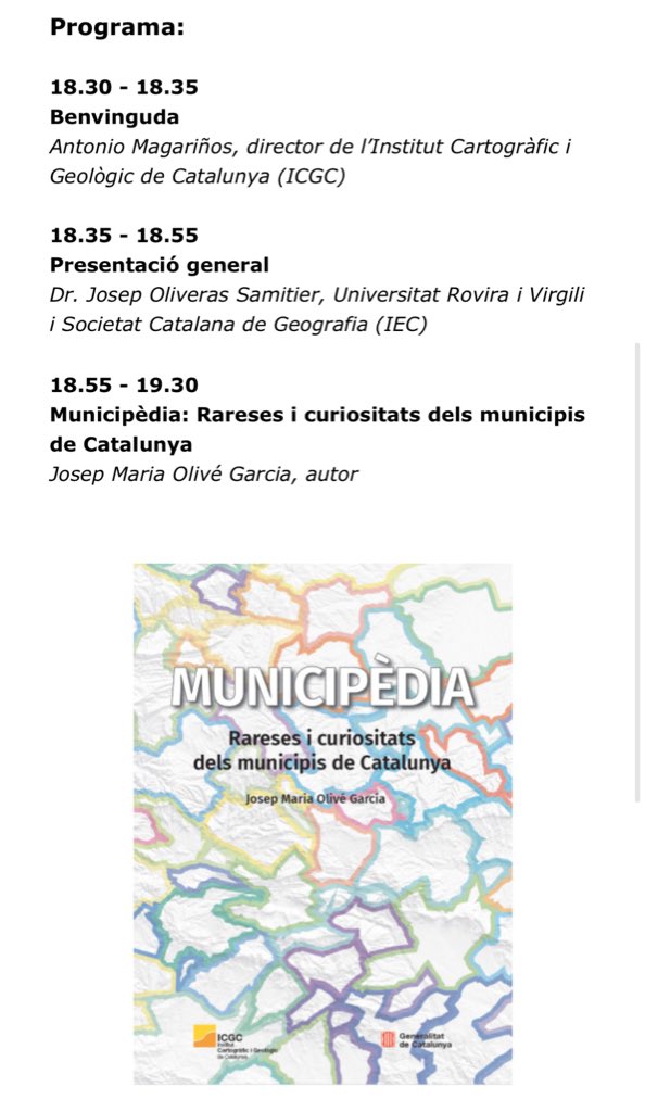 ✨📚Presentació del llibre MUNICIPÈDIA!
🗓️09/04/2025 — 18:30

Inscripcions:
icgc.cat/ca/LICGC/Agend…

➕ℹ️ Més info:
butlleti.icgc.cat/v4/public/esta…