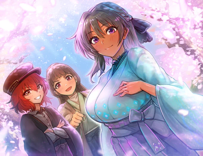 今日から4月で桜も満開の見頃地域によってはあいにく雨が続いてますが、晴れたら気分よく散歩にでも行きたいですね#アイスシ への準備期間は今月くらいまで、頑張るぞ・・・!#デレマス #デレステ #アイマス#生田輝 #ナターリア #松井恵理子 #神谷奈緒 #花井美春 #村上巴 